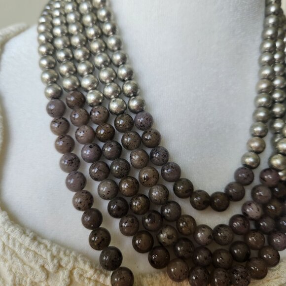 Multi-Strand Silver & Brown Beaded Necklace Western Classy Glam Elegant Office - Picture 2 of 5